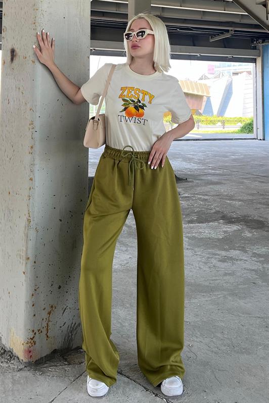 MDX Pistachio Green Adjustable Waist Wide Leg Comfort Fit Basic Women's Sweatpants MG2122 - Móstoles