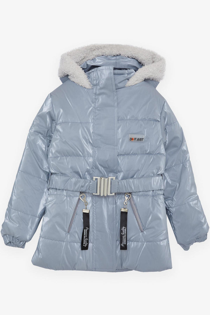 BRE Esso Mandolin Girl's Coat with Belted Hooded Emblem 2-6 Years, Ice Blue - Níkaia