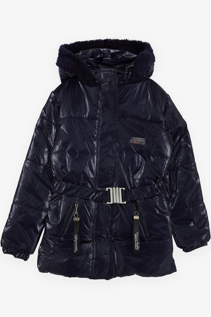 BRE Esso Mandolin Girl's Coat with Belted Hooded Emblem 60 Years, Dark Blue - Memmingen