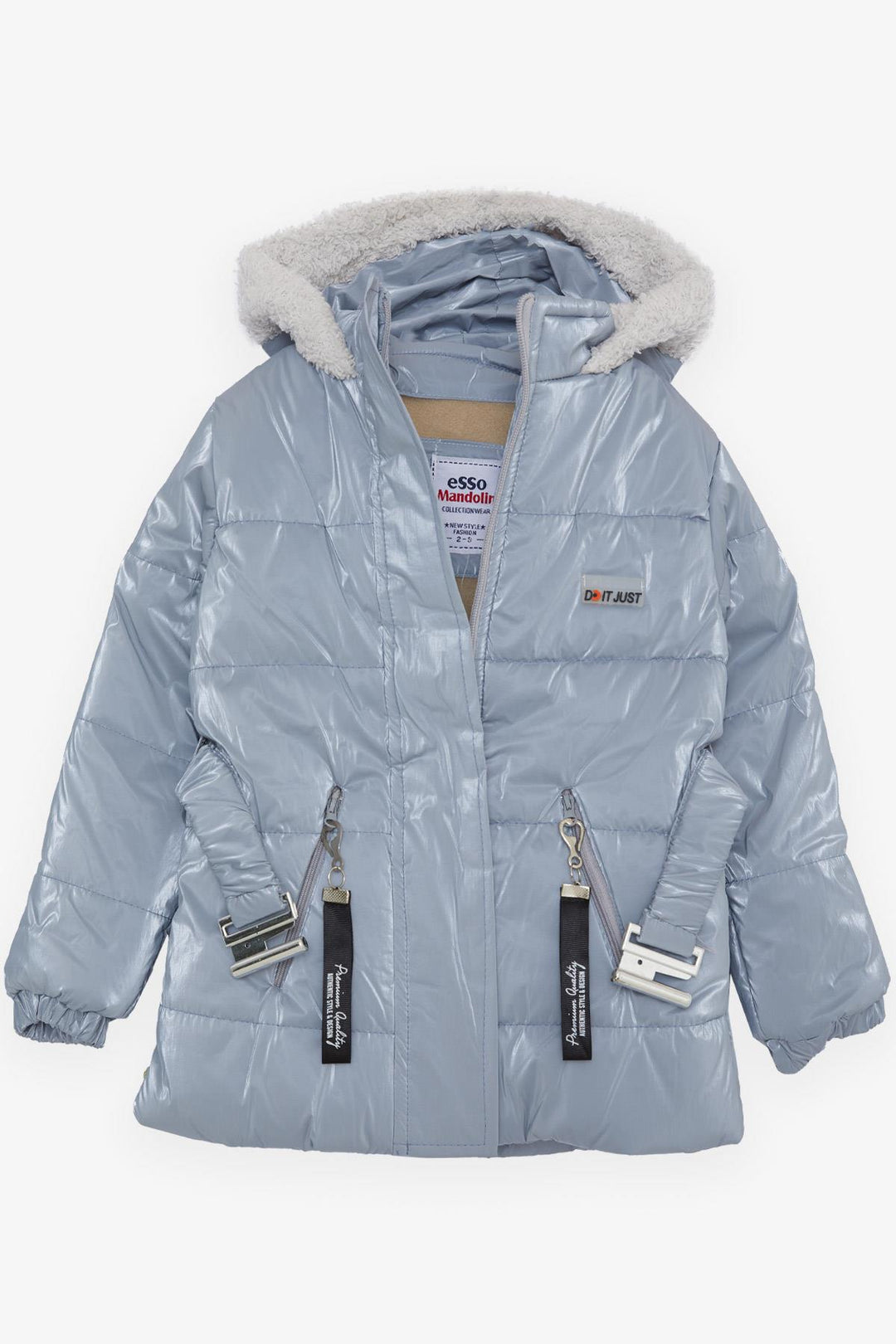BRE Esso Mandolin Girl's Coat with Belted Hooded Emblem 2-6 Years, Ice Blue - Níkaia