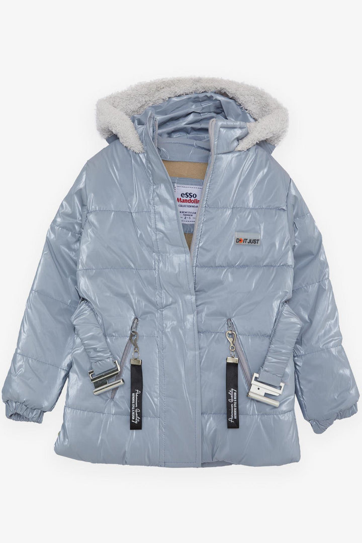 BRE Esso Mandolin Girl's Coat with Belted Hooded Emblem 2-6 Years, Ice Blue - Níkaia