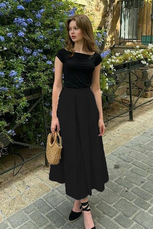 MDX Black Pleated Pocketed Women's Midi Skirt Mg2536 - Lemgo