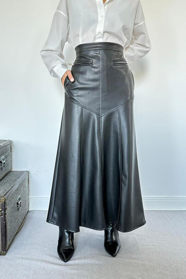 ELS Leather Skirt with Zipper Detail - Black - Ameca