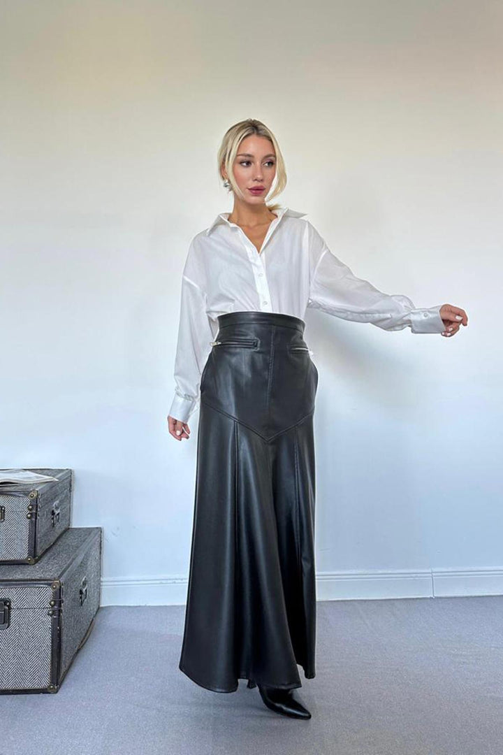 ELS Leather Skirt with Zipper Detail - Black - Ameca