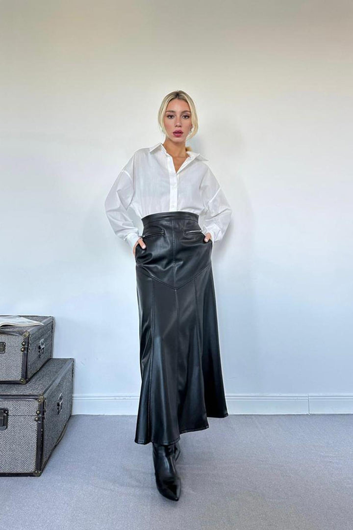 ELS Leather Skirt with Zipper Detail - Black - Ameca