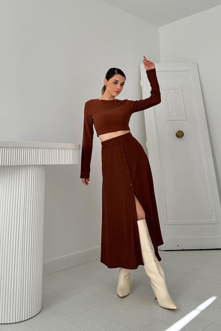 ELS Ribbed Blouse & Skirt Set - Brown - Northampton