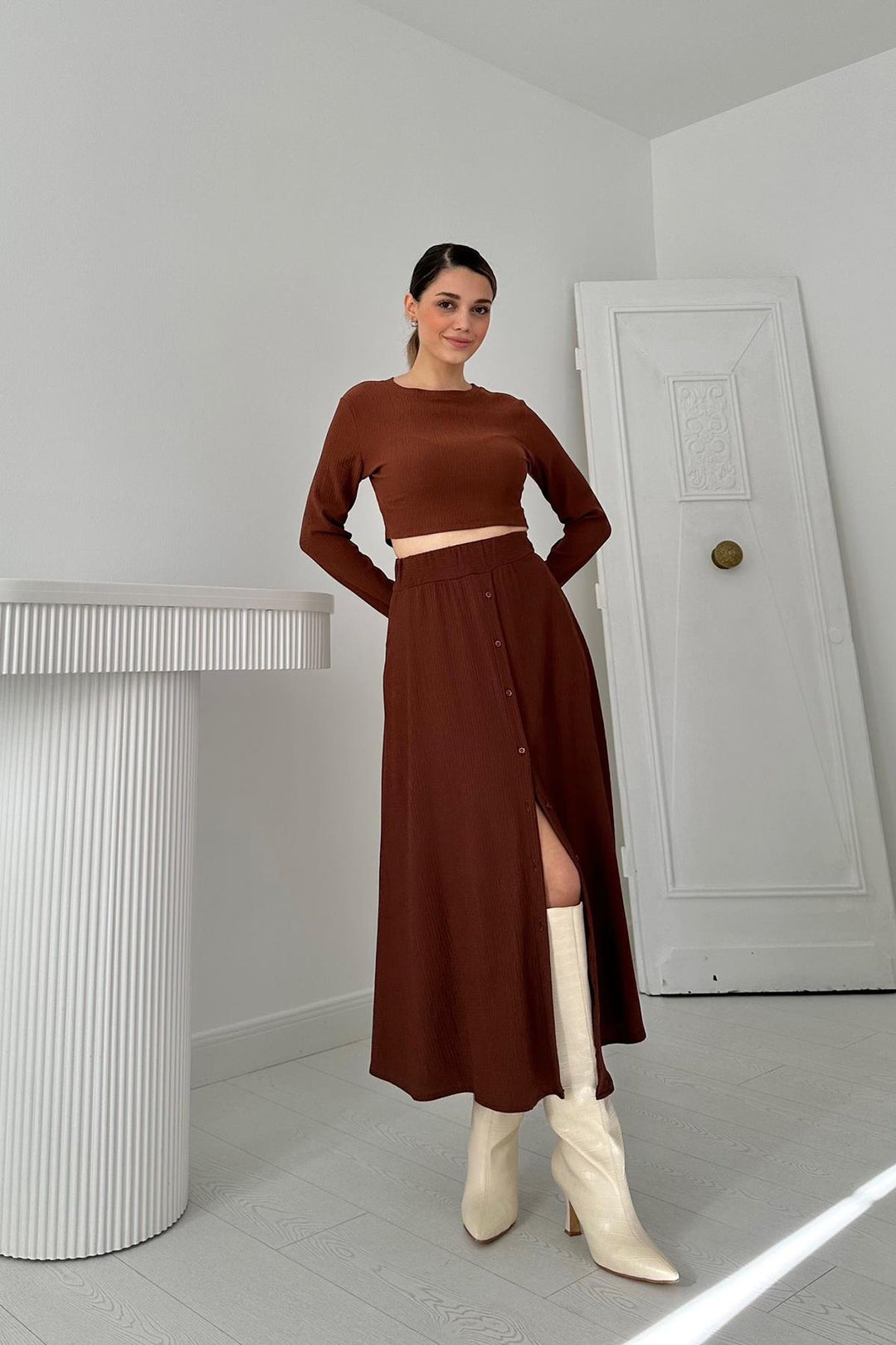 ELS Ribbed Blouse & Skirt Set - Brown - Northampton