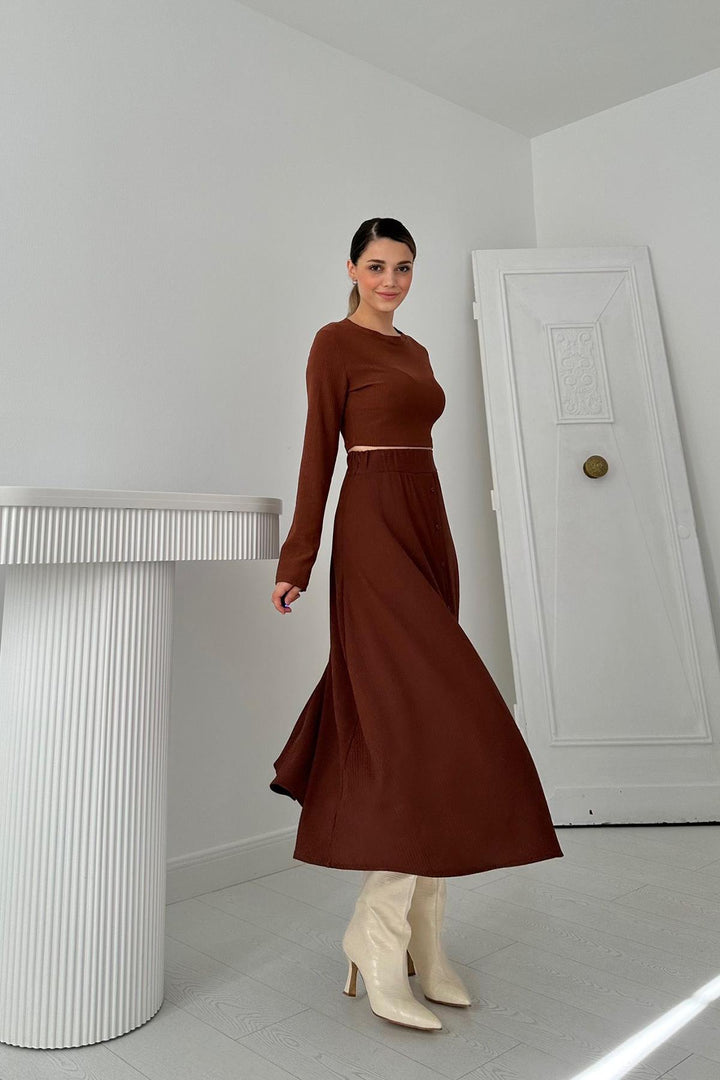 ELS Ribbed Blouse & Skirt Set - Brown - Northampton