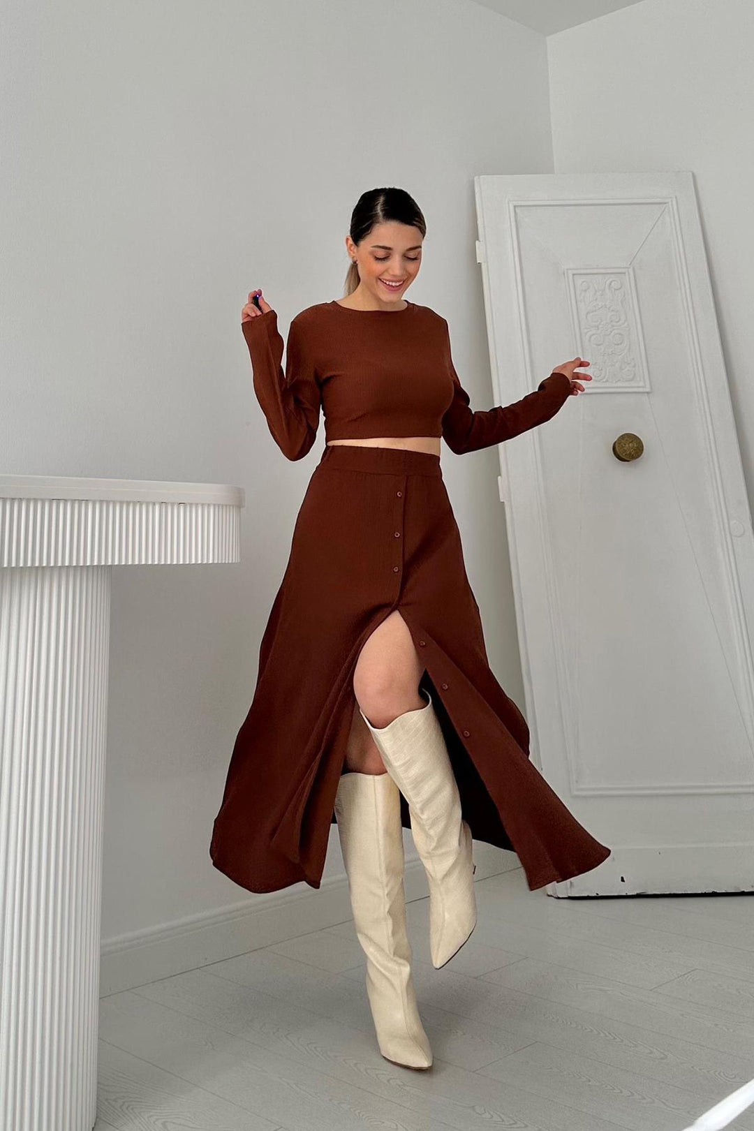 ELS Ribbed Blouse & Skirt Set - Brown - Northampton