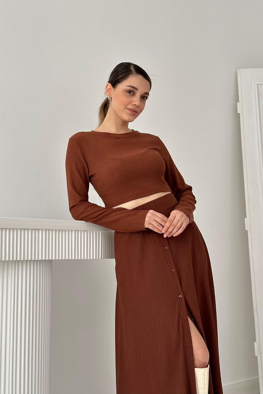 ELS Ribbed Blouse & Skirt Set - Brown - Northampton
