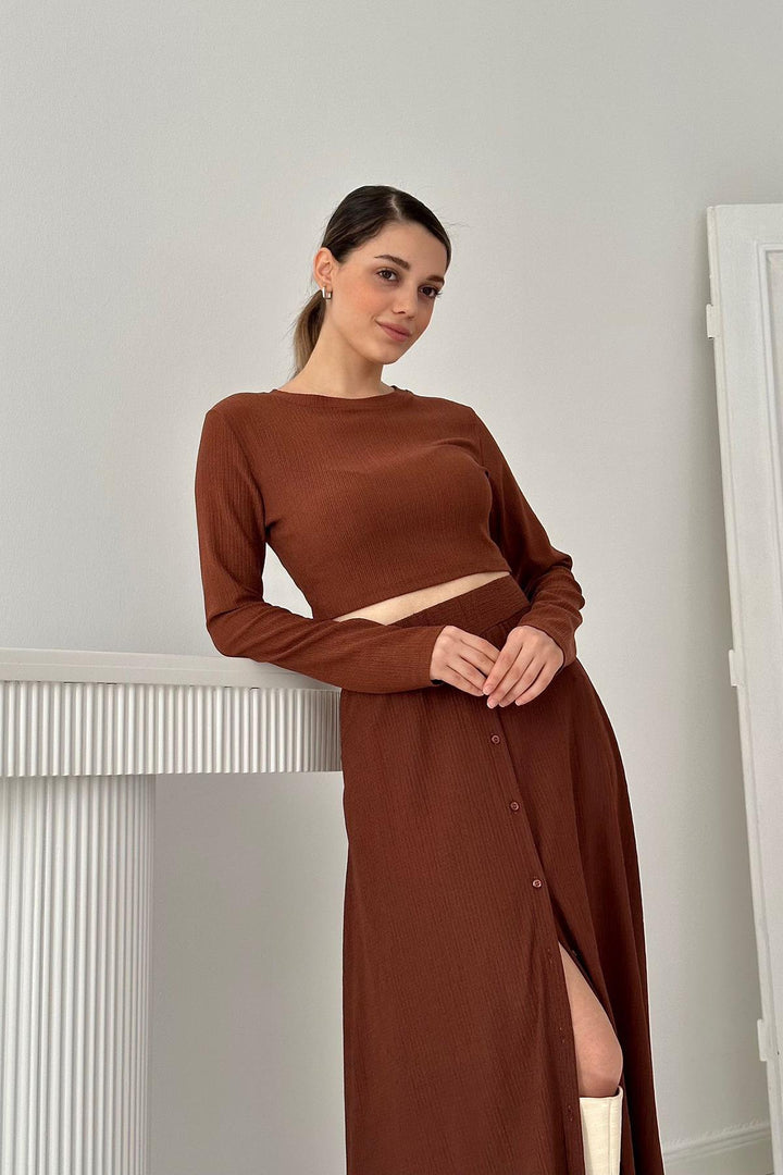 ELS Ribbed Blouse & Skirt Set - Brown - Northampton