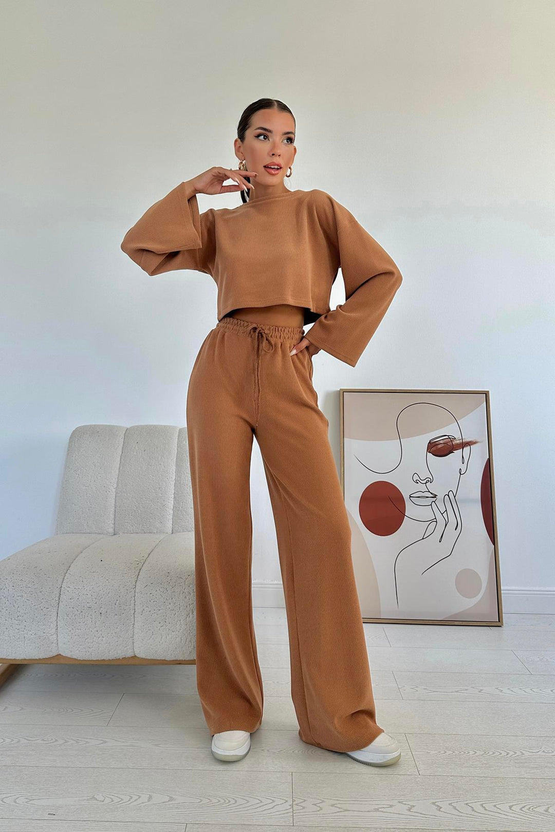 ELS Ribbed Blouse and Pants Set - Camel - Lleida