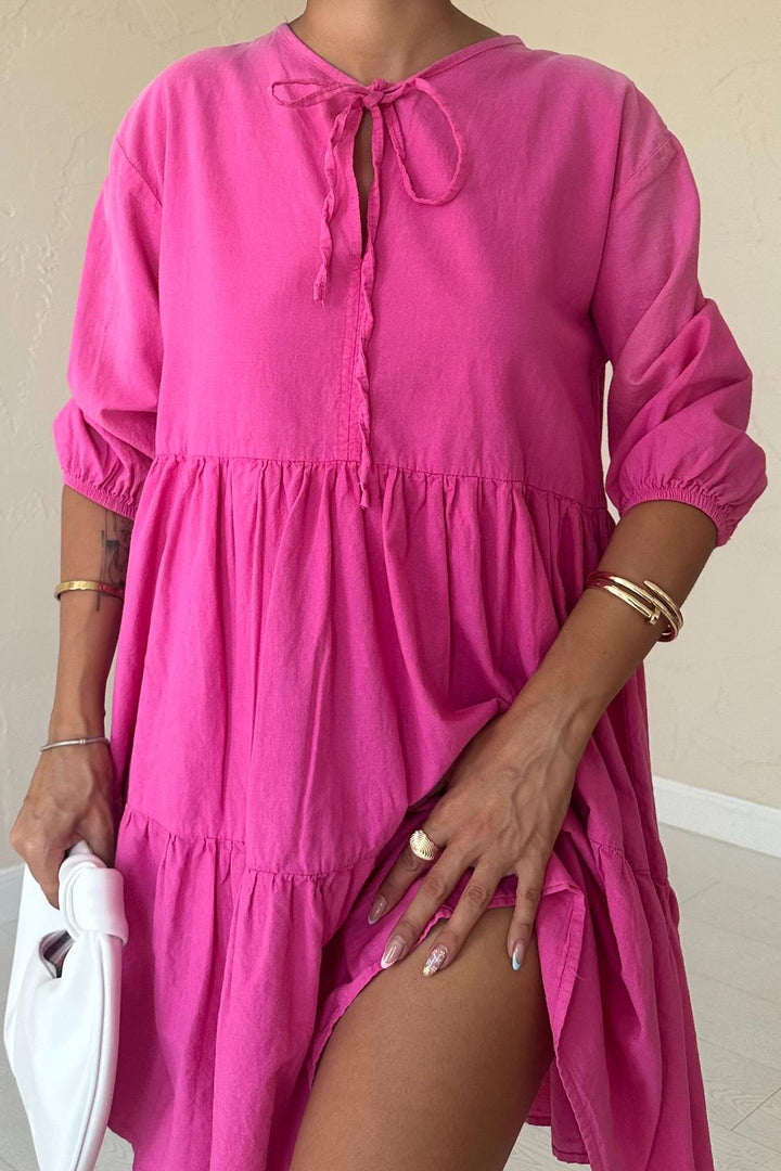 ELS Flame Linen Lace-Up Dress - Fuchsia - Hitchin