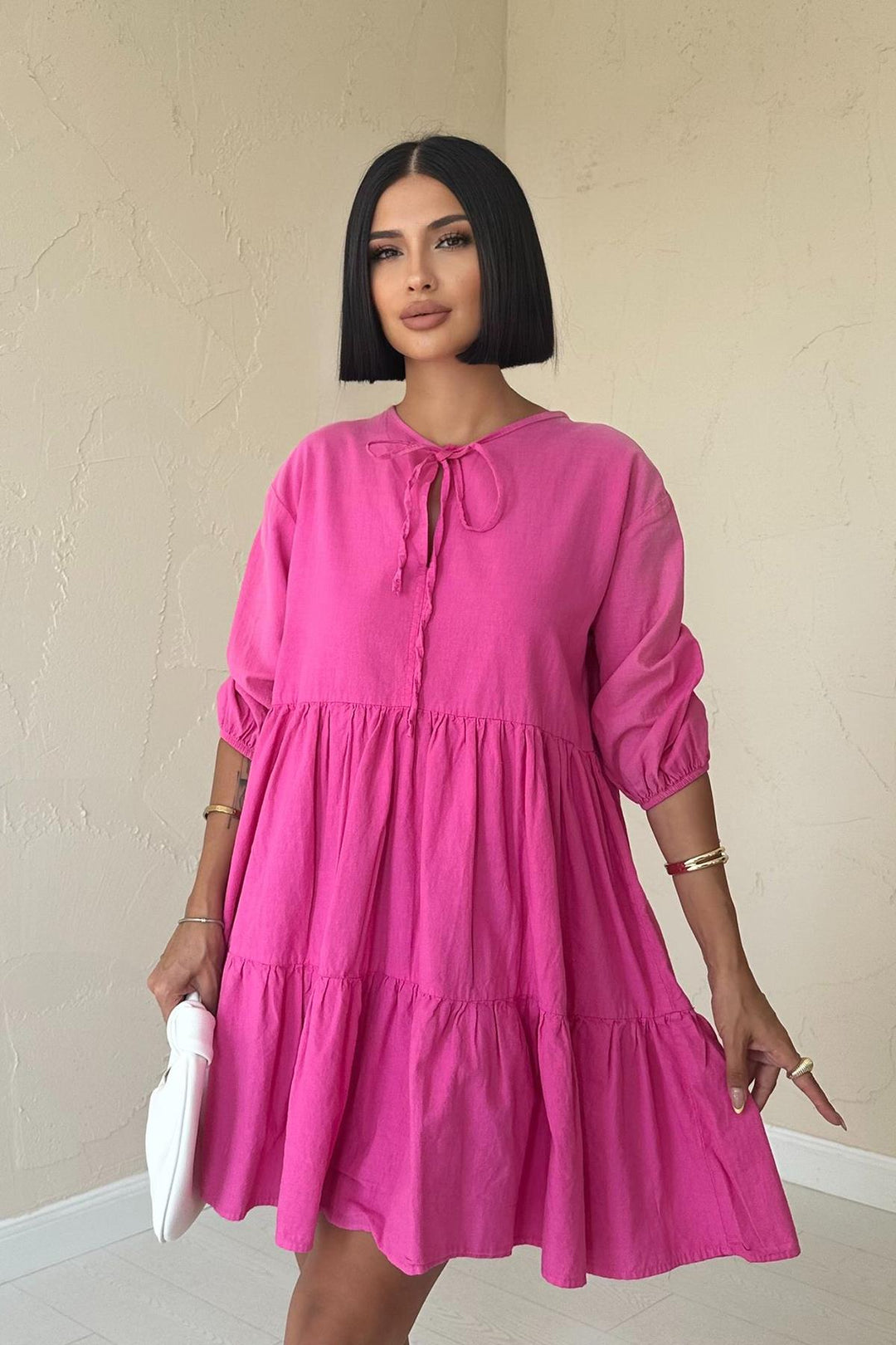 ELS Flame Linen Lace-Up Dress - Fuchsia - Hitchin