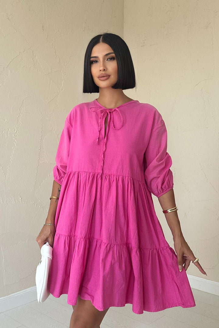 ELS Flame Linen Lace-Up Dress - Fuchsia - Hitchin
