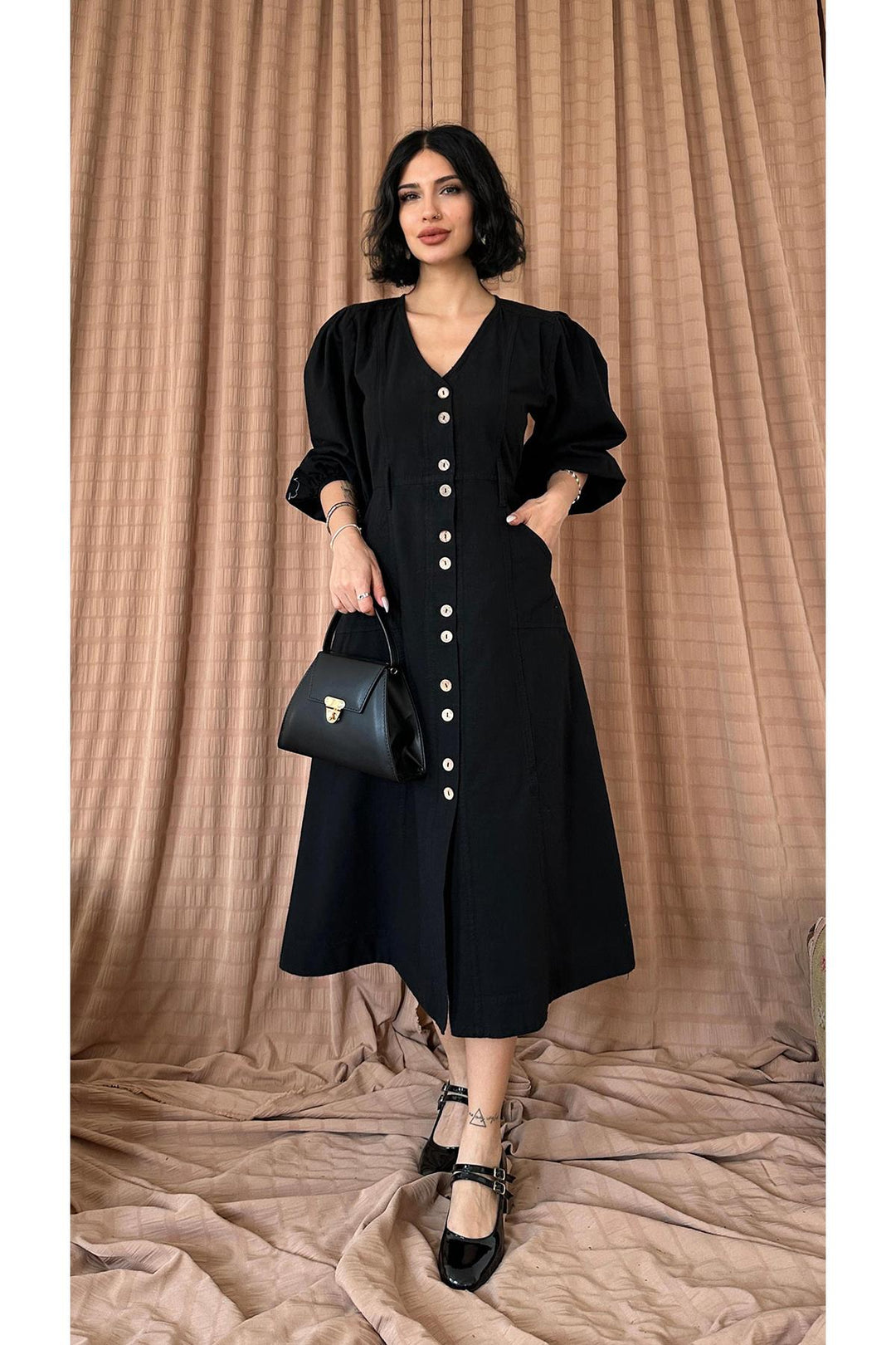 ELS Flame Linen Dyed Buttoned Dress - Black - Limerick