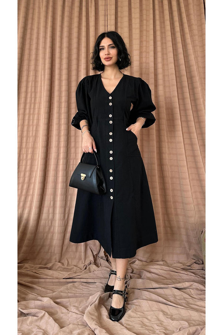 ELS Flame Linen Dyed Buttoned Dress - Black - Limerick