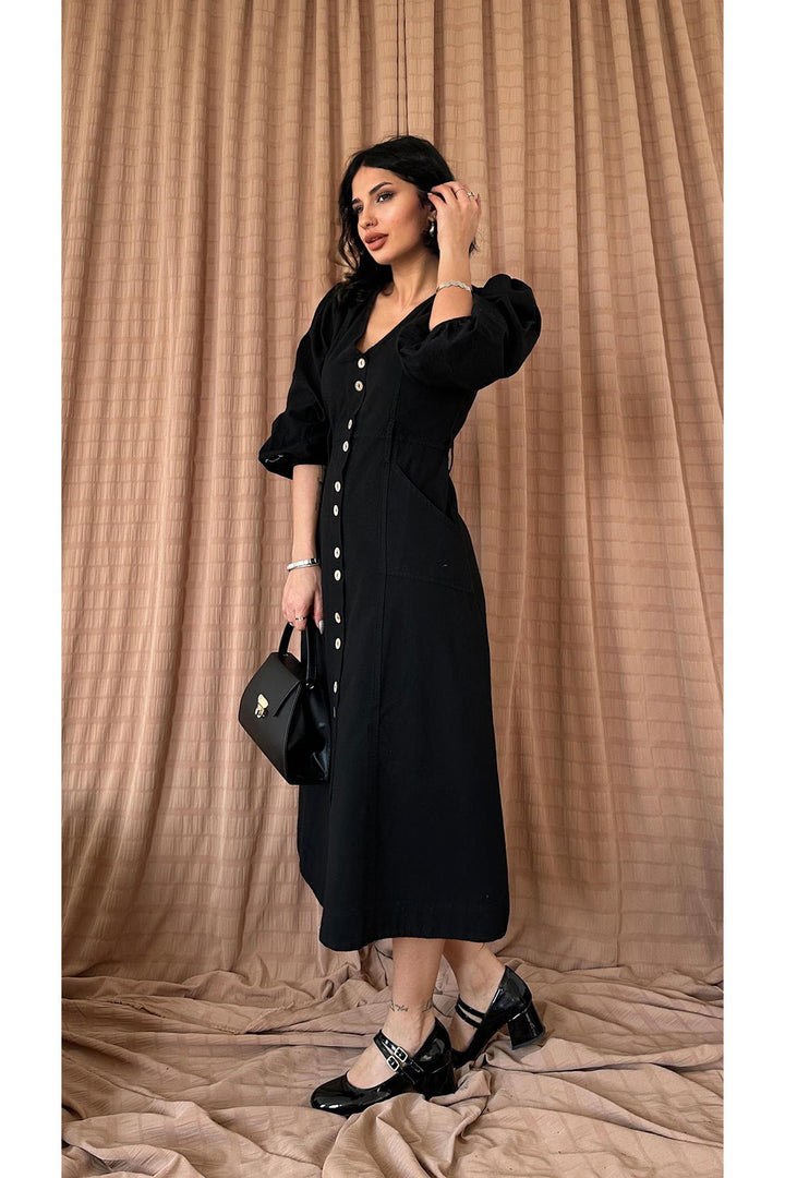 ELS Flame Linen Dyed Buttoned Dress - Black - Limerick