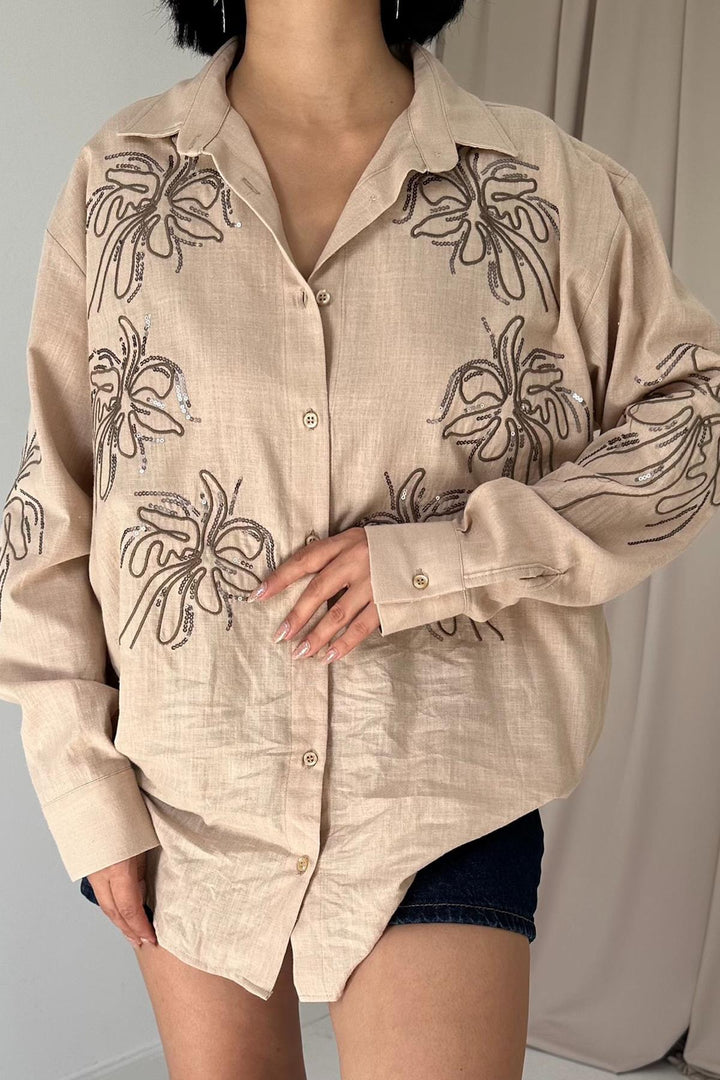 ELS Flame Linen Embroidered Sequin Shirt - Mink - Morristown