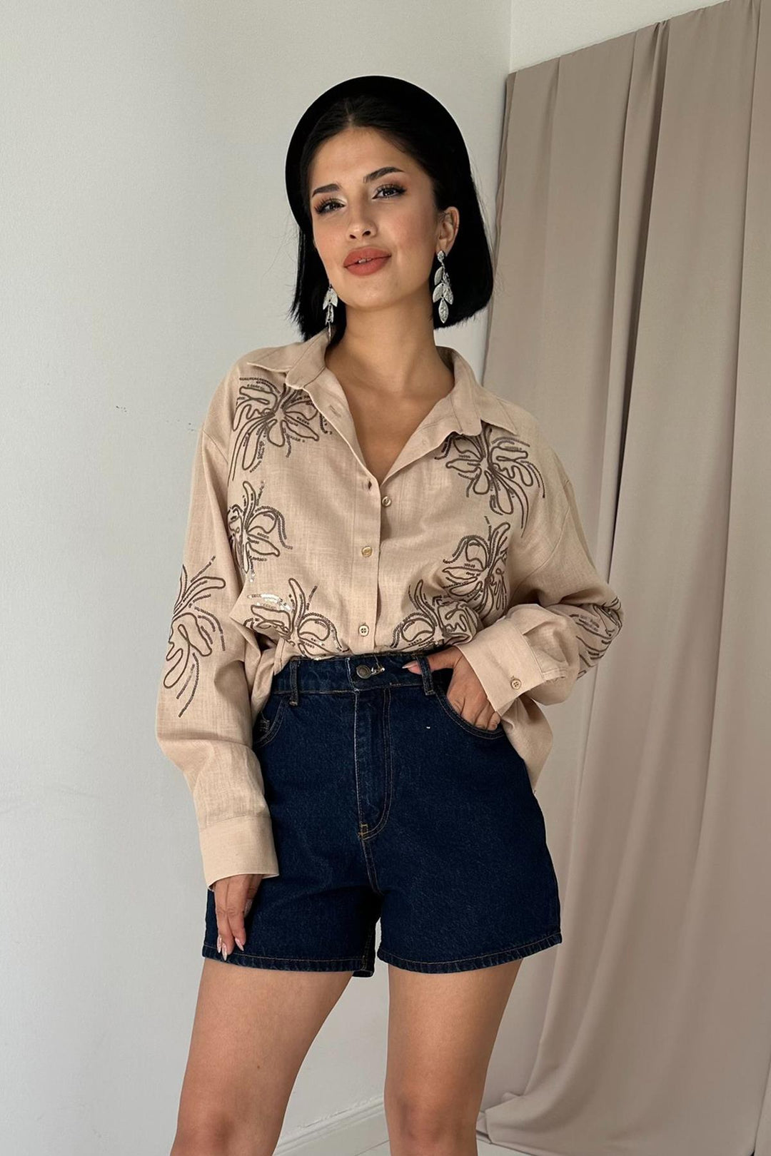 ELS Flame Linen Embroidered Sequin Shirt - Mink - Morristown