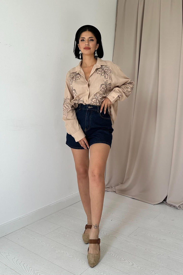 ELS Flame Linen Embroidered Sequin Shirt - Mink - Morristown