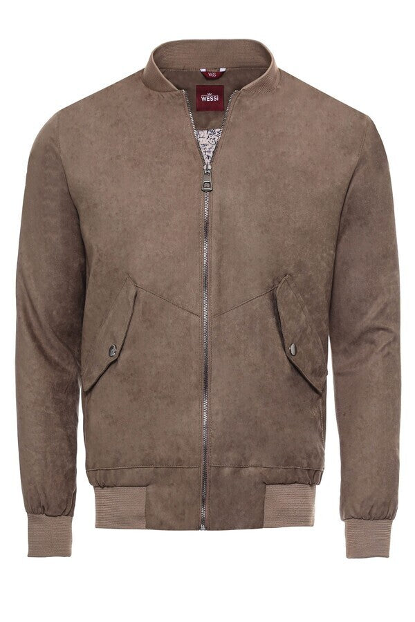 WSS Flap Pockets Suede Light Brown Men Bomber Coat  - Campeche