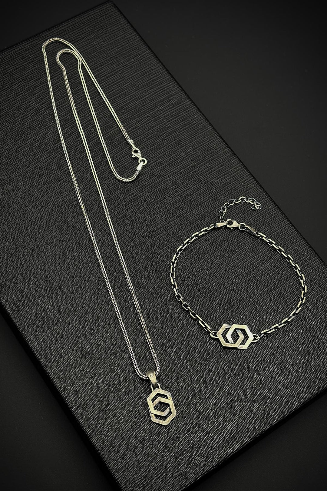 NVM FRNCH 925 Sterling Silver Hexagonal Figured Silver Color Men's Bracelet/Necklace Set FRJ40195-295-A2 - Shreveport