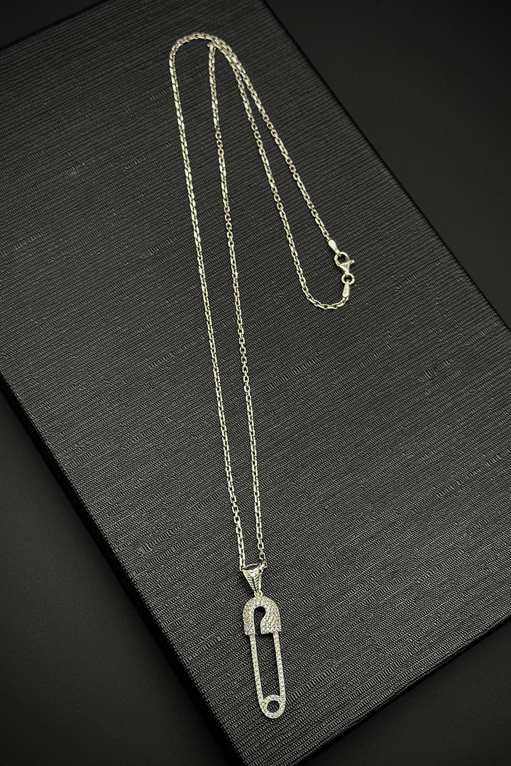 NVM FRNCH 925 Sterling Silver Safety Pin Model White Zircon Stone Men's Necklace FRJ30759-859-A - Lippstadt