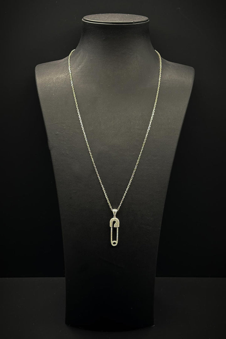 NVM FRNCH 925 Sterling Silver Safety Pin Model White Zircon Stone Men's Necklace FRJ30759-859-A - Lippstadt