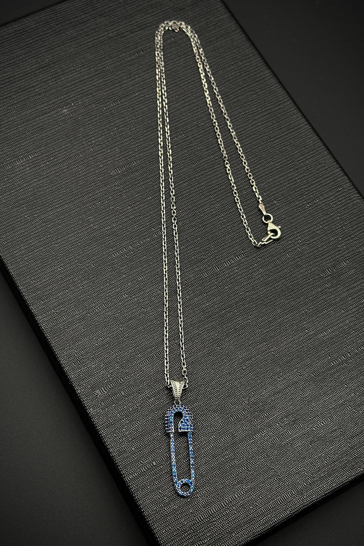 NVM FRNCH 925 Sterling Silver Safety Pin Model Navy Blue Zircon Stone Men's Necklace FRJ30759-859-L2 - Eschweiler
