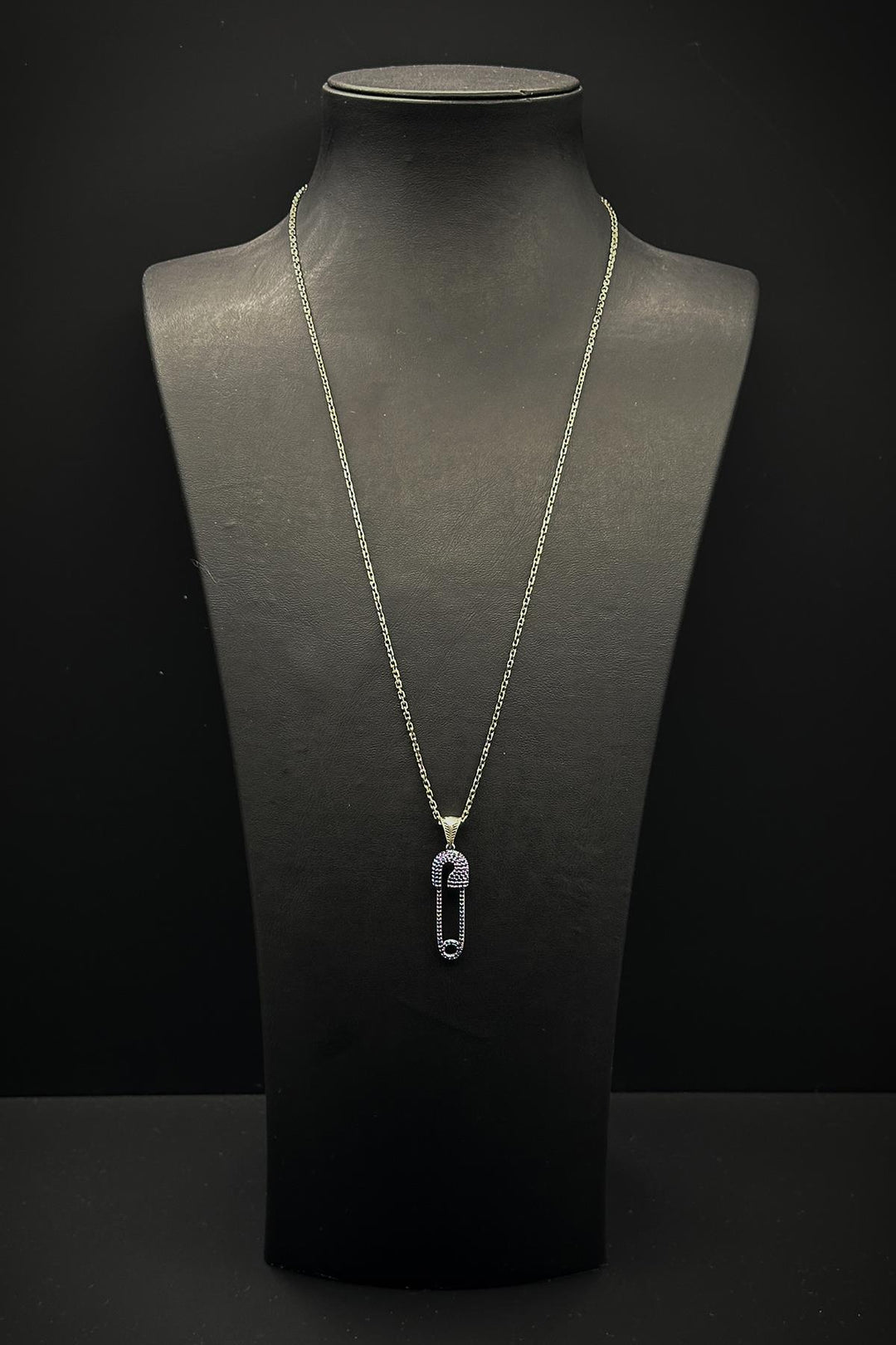 NVM FRNCH 925 Sterling Silver Safety Pin Model Navy Blue Zircon Stone Men's Necklace FRJ30759-859-L2 - Eschweiler