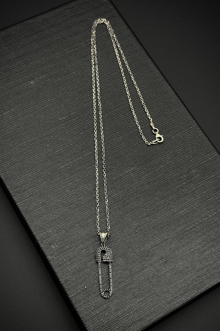 NVM FRNCH 925 Sterling Silver Safety Pin Style Black Zircon Stone Men's Necklace FRJ30759-859-S - Oak Creek