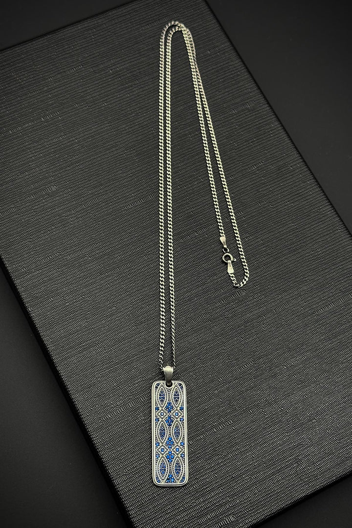 NVM FRNCH 925 Sterling Silver Italian Model Navy Blue Zircon Stone Silver Color Men's Necklace FRJ30762-862-L2 - Spalding