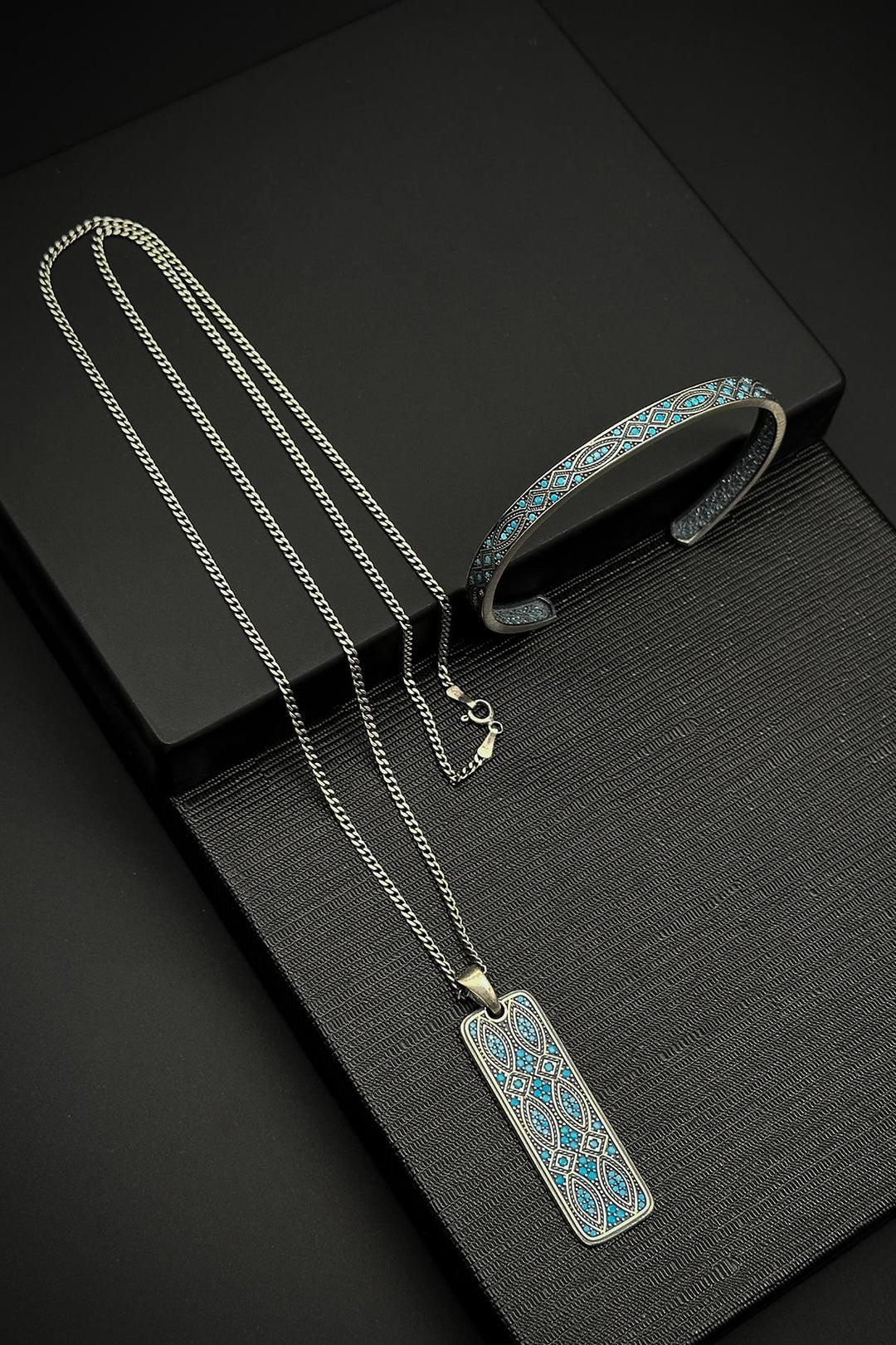 NVM FRNCH 925 Sterling Silver Italian Model Turquoise Color Men's Bracelet/Necklace Set FRJ12249-3249-M - Hesperia