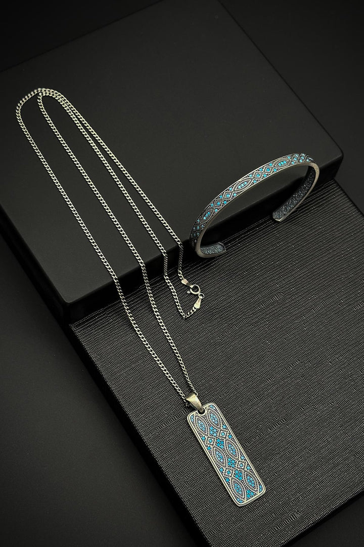 NVM FRNCH 925 Sterling Silver Italian Model Turquoise Color Men's Bracelet/Necklace Set FRJ12249-3249-M - Ródos