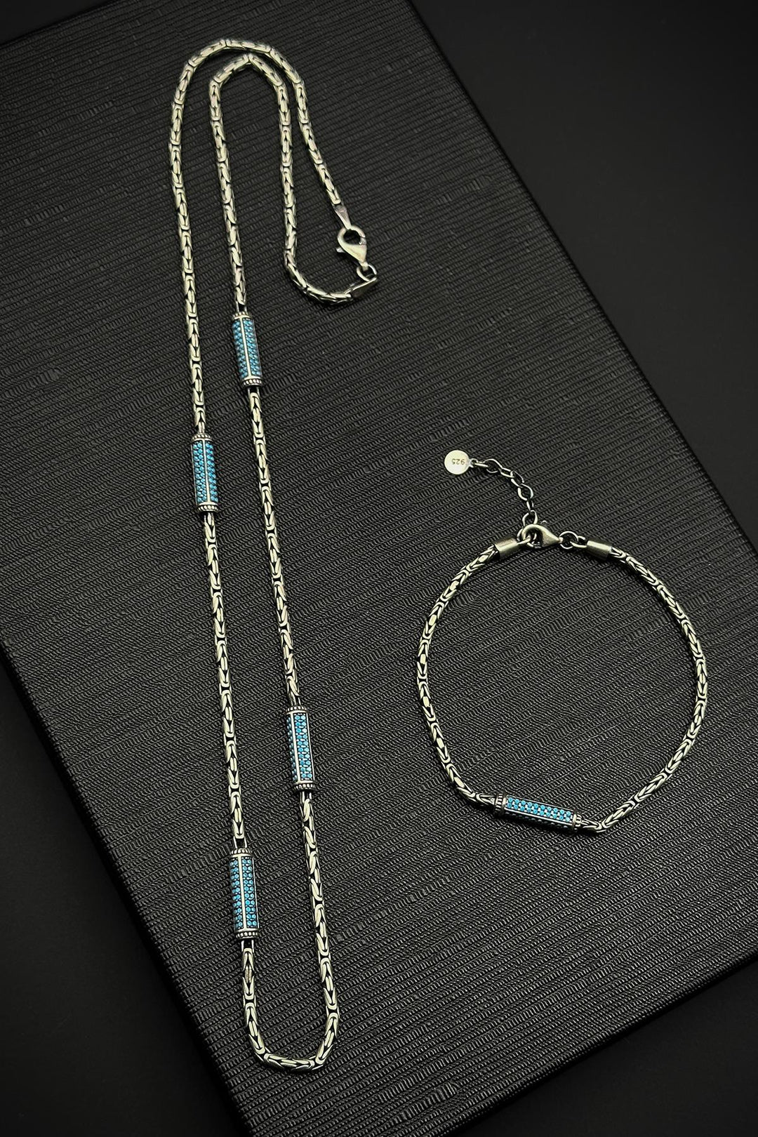 NVM FRNCH 925 Sterling Silver Italian Model Turquoise Zircon Stone Silver Color Men's Bracelet/Necklace Set FRJ12251-3251-M - Melle