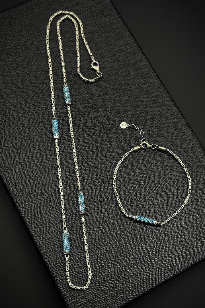 NVM FRNCH 925 Sterling Silver Italian Model Turquoise Zircon Stone Silver Color Men's Bracelet/Necklace Set FRJ12251-3251-M - Melle