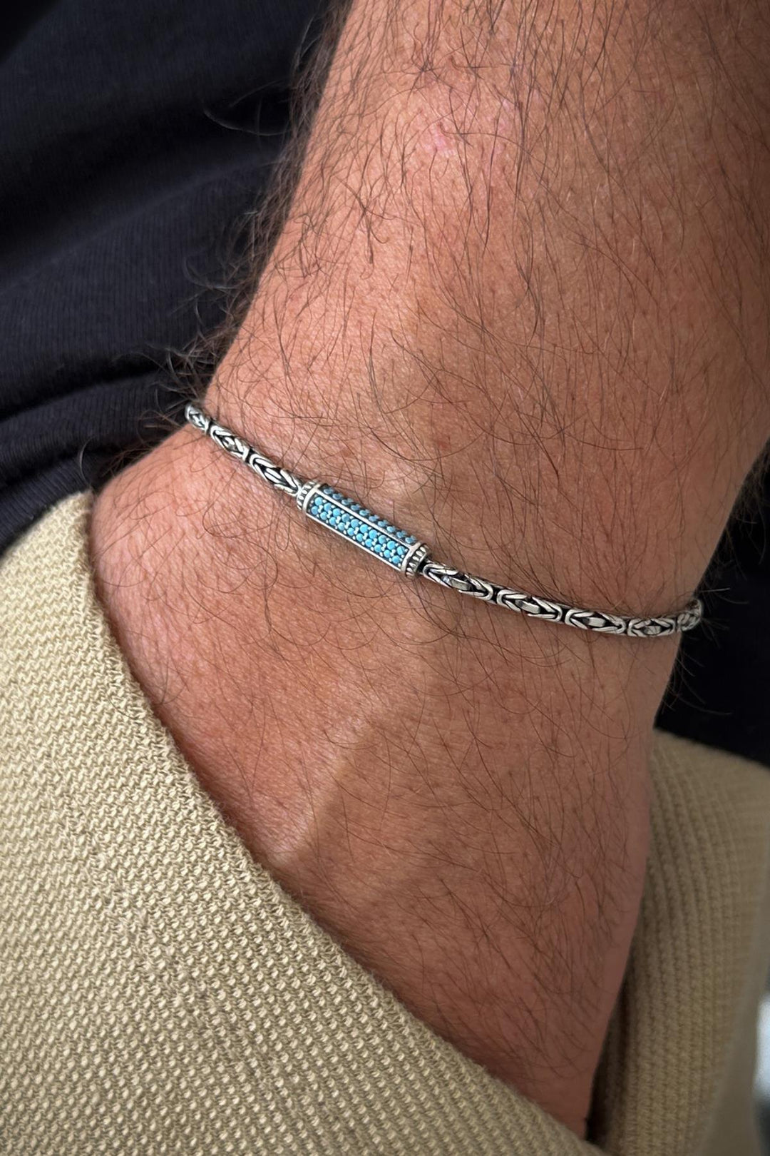 NVM FRNCH 925 Sterling Silver Italian Model Turquoise Zircon Stone Silver Color Men's Bracelet/Necklace Set FRJ12251-3251-M - Melle