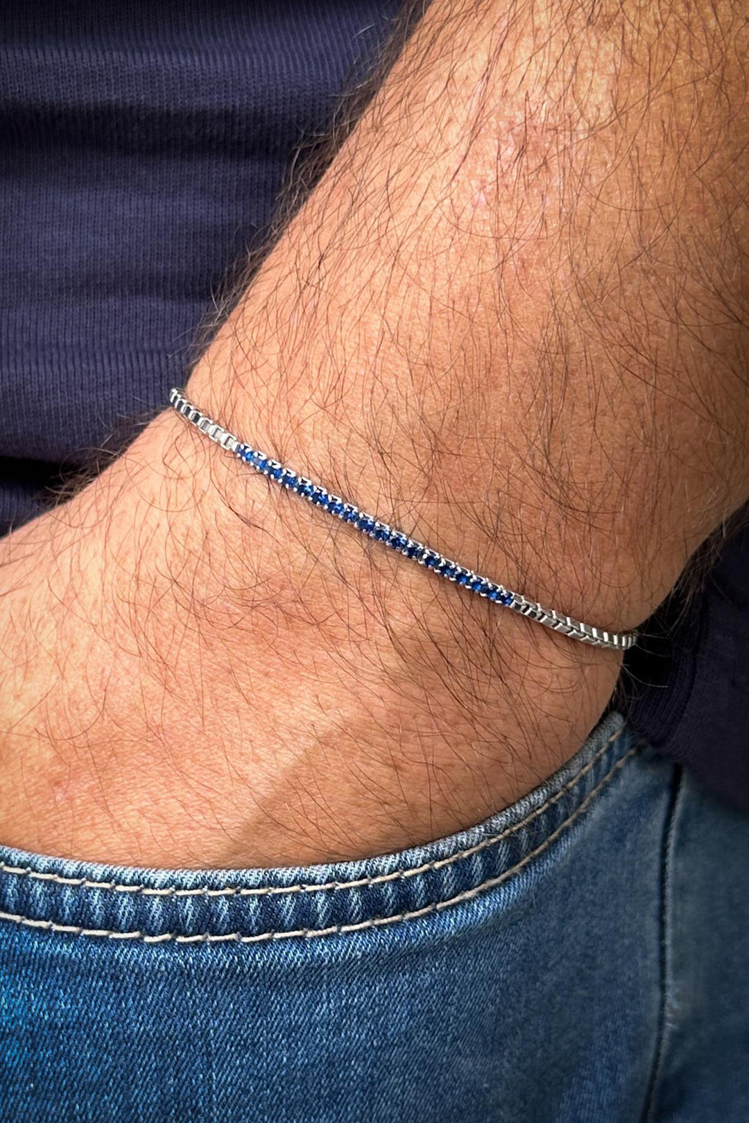 NVM FRNCH 925 Sterling Silver Italian Model with Zircon Stone Navy Blue Color Men's Bracelet FRJ12234-3234-L - Suresnes