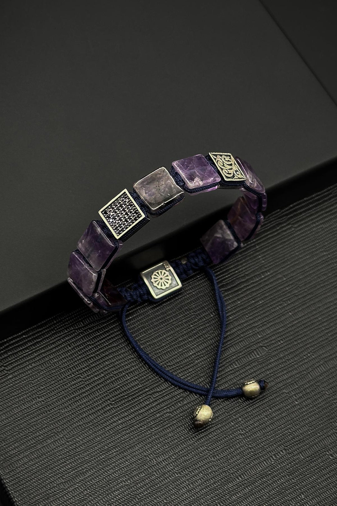 NVM FRNCH 925 Sterling Silver and Amethyst Natural Stone Zircon Parted Purple Color Men's Bracelet FRJ12333-3333-M - Estero