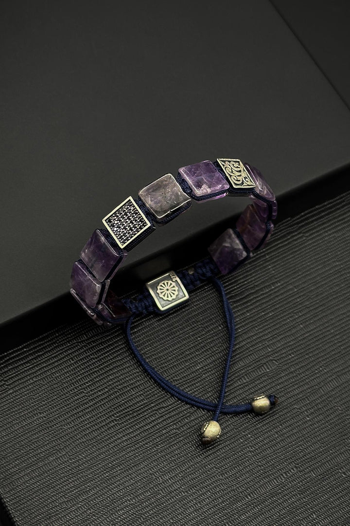 NVM FRNCH 925 Sterling Silver and Amethyst Natural Stone Zircon Parted Purple Color Men's Bracelet FRJ12333-3333-M - Estero