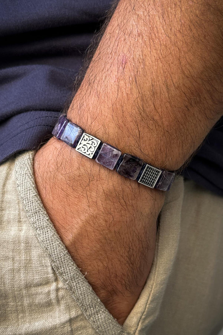 NVM FRNCH 925 Sterling Silver and Amethyst Natural Stone Zircon Parted Purple Color Men's Bracelet FRJ12333-3333-M - Estero