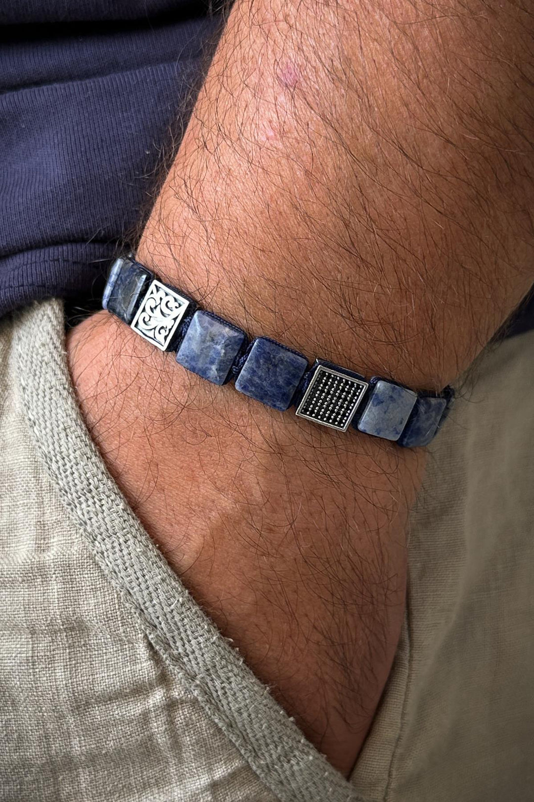 NVM FRNCH 925 Sterling Silver and Sodalite Natural Stone with Zircon Pieces Navy Blue Color Men's Bracelet FRJ12333-3333-L2 - Leonberg