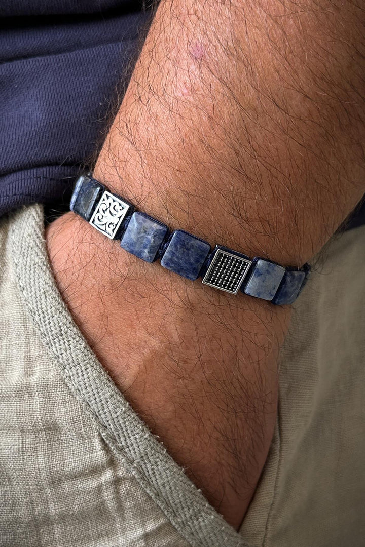 NVM FRNCH 925 Sterling Silver and Sodalite Natural Stone with Zircon Pieces Navy Blue Color Men's Bracelet FRJ12333-3333-L2 - Leonberg