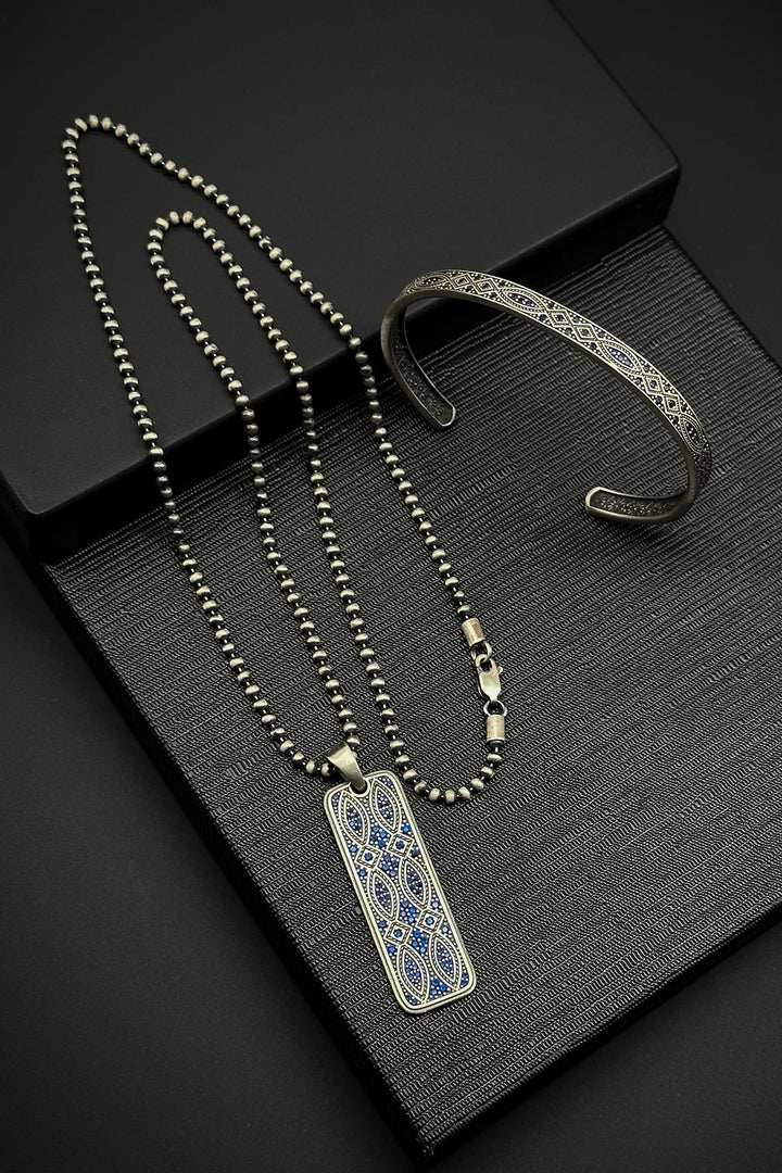 NVM FRNCH 925 Sterling Silver Navy Blue Color Men's Bracelet/Necklace Set with Zircon Stone FRJ12203-3203-L - Wesel