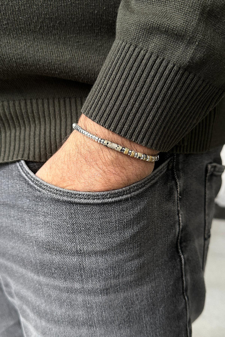 NVM FRNCH Dalmatian Jasper and Hematite Natural Stone Beige Color Men's Bracelet FRJ12048-3048-B - Rivoli
