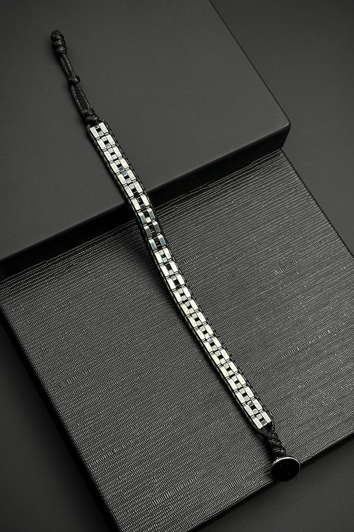 NVM FRNCH Hematite Natural Stone Detailed Leather Silver Color Men's Bracelet FRJ12448-3448-A - Chula Vista