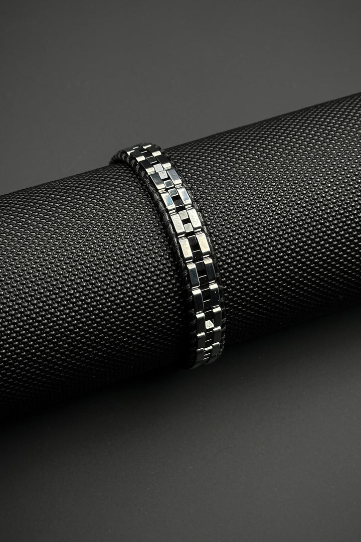 NVM FRNCH Hematite Natural Stone Detailed Leather Silver Color Men's Bracelet FRJ12448-3448-A - Chula Vista