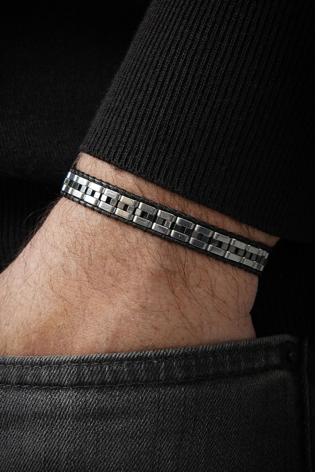 NVM FRNCH Hematite Natural Stone Detailed Leather Silver Color Men's Bracelet FRJ12448-3448-A - Chula Vista