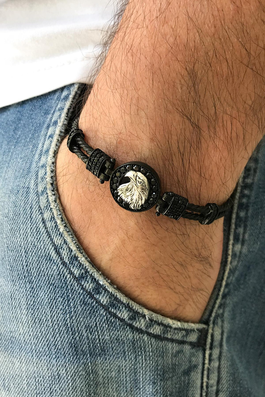 NVM FRNCH Eagle Figure Zircon Stone Matte Black Color Handmade Adjustable Cuff Men's Bracelet FRJ11234334-B2A2 - Hastings
